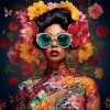 Paco World Collections Glasschilderij - Vrouw met bril en bloemen