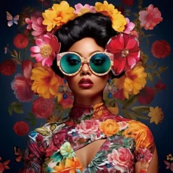 Paco World Collections Glasschilderij - Vrouw met bril en bloemen